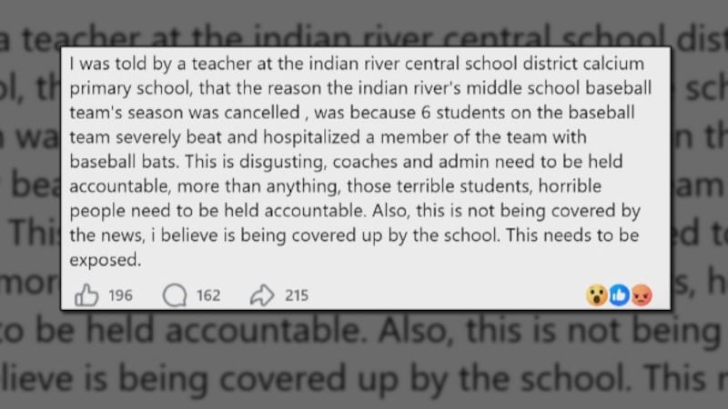 A social media post claiming six students on the middle school's baseball team severely beat a...