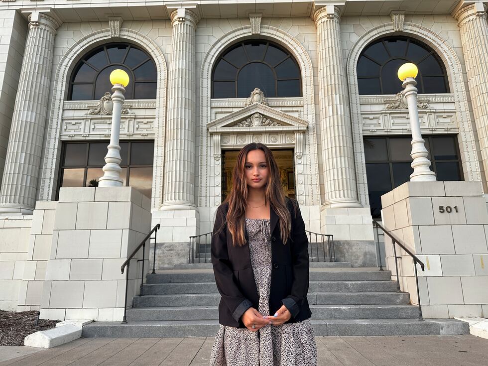 Kaylin Hayman, 17, poses outside Ventura City Hall in Ventura, Calif., Oct. 17, 2024.